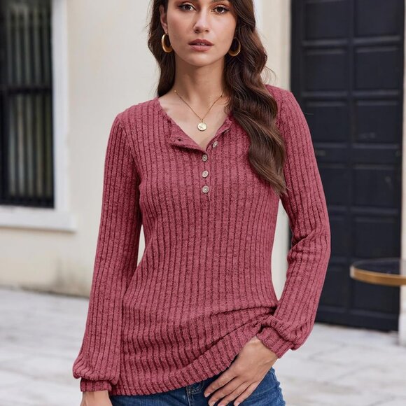 Women's Fall Long Sleeve Henley Shirts Button Down Ribbed Sweaters Casual Tunic - Picture 3 of 5